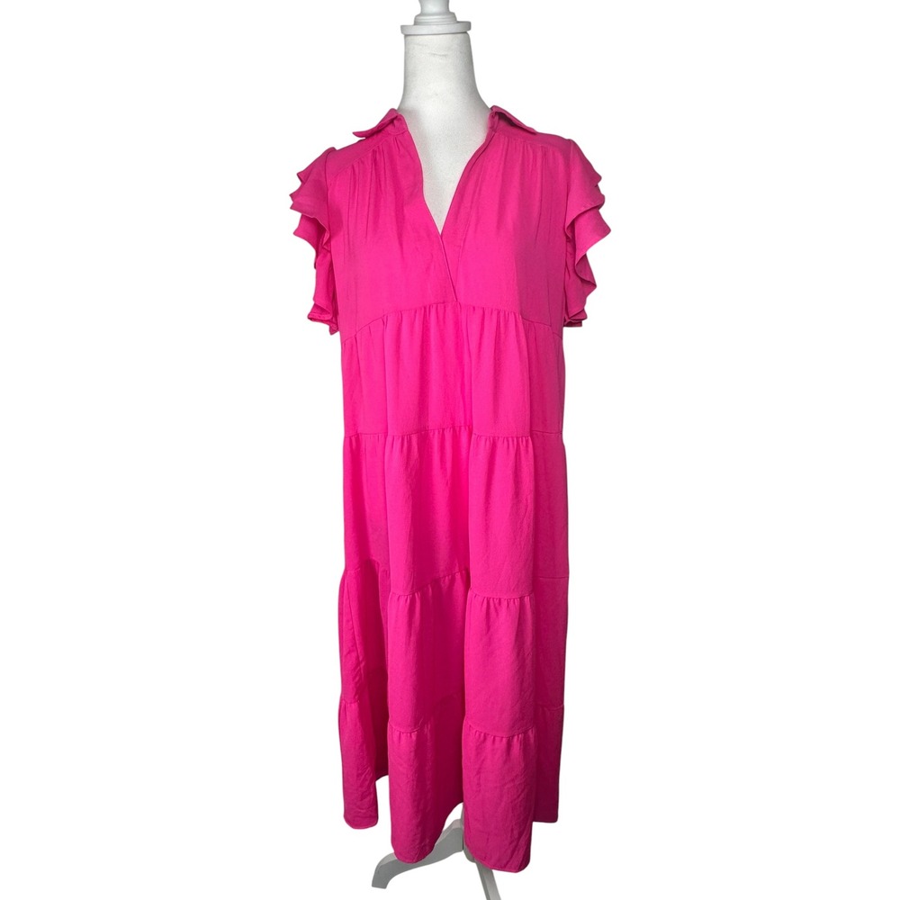 Umgee Hot Pink Tiered Short Ruffle Sleeve Midi Dress Size Small - Picture 4 of 12